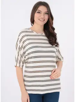 Bluza crem din vascoza cu dungi negre si cafenii