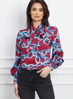 Bluza Dy Fashion bordo cu imprimeu bleu din satin cu funda la guler