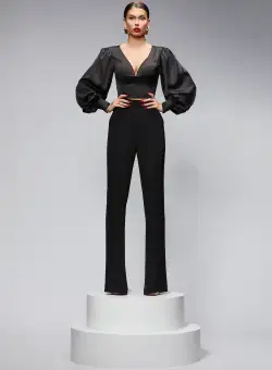 Bluza eleganta neagra din material satinat si spatele decupat