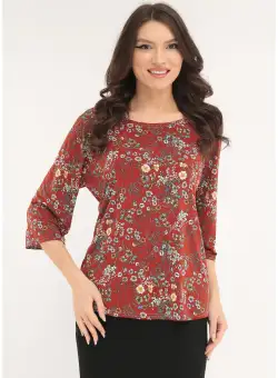 Bluza lejera caramizie cu print floral alb-bleu