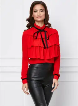 Bluza MBG rosie cu volane si aplicatii din catifea neagra