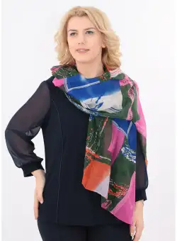 Esarfa fina kaki cu desen multicolor geometric