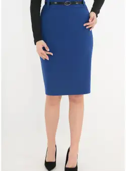 Fusta conica din stofa albastra accesorizata in talie cu o curea