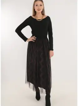 Fusta midi din tulle negru cu print discret maro