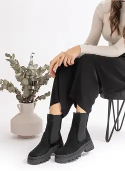 Ghete damă din piele naturală, Leofex - 002 Negru Velur