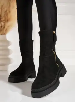 Ghete Dama Imblanite Negre din Piele Ecologica Intoarsa Kysia