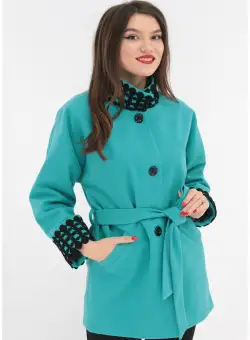 Jacheta oversized aqua cu aplicatii din dantela