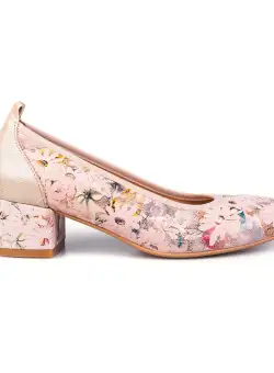 Pantofi casual cu toc damă din piele naturală, Leofex - 231 Nude Floral