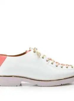 Pantofi casual dama cu siret pana in varf din piele naturala, Leofex- 194-1 Alb Roz Box