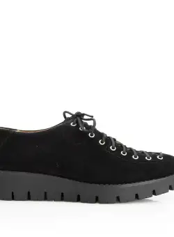 Pantofi casual dama cu siret pana in varf din piele naturala, Leofex- 194 Negru Velur