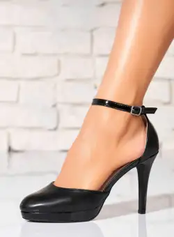 Pantofi dama cu toc Negri din Piele Ecologica Lacuita Mareya