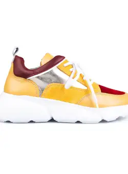 Pantofi sport damă din piele naturală, Leofex- 238 Galben Vişiniu Box