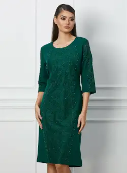 Rochie Adriana verde cu dantela si perle