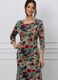 Rochie Aria bej cu imprimeuri rosii si turcoaz