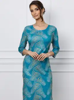 Rochie Aria turcoaz cu imprimeu bej si auriu