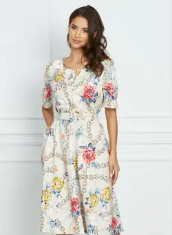 Rochie Bianca bej cu imprimeu chain si flori colorate