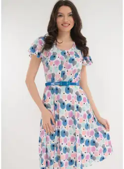 Rochie clos alba cu buline multicolore si curea albastra