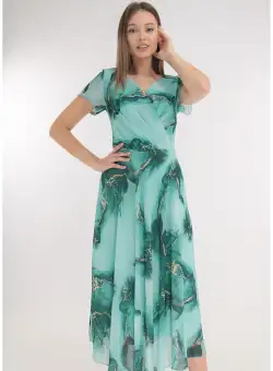 Rochie clos din voal vernil cu print abstract si decolteu suprapus