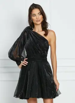 Rochie Daria neagra din lurex cu un umar gol