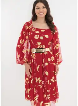 Rochie de ocazie din tull rosu cu imprimeu auriu