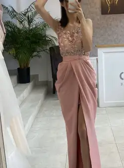 Rochie de ocazie lunga din tafta cu broderie 3D cu perle