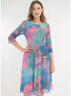 Rochie din tulle cu print abstract turcoaz-violet