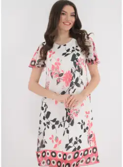 Rochie din voal alb cu print floral si bordura roz