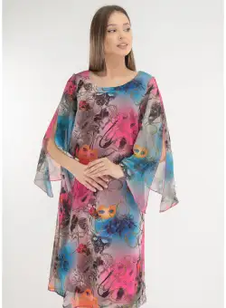 Rochie din voal cu print abstract roz-albastru