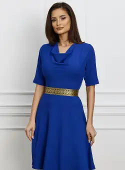 Rochie Dy Fashion albastra cu banda aurie in talie