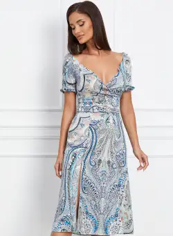 Rochie Dy Fashion albastra cu imprimeu din satin