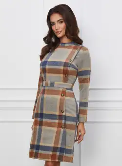 Rochie Dy Fashion bej cu carouri maro