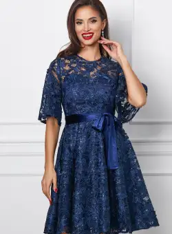 Rochie Dy Fashion bleumarin din dantela cu cordon din catifea in talie