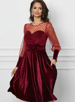 Rochie Dy Fashion bordo din catifea si tull cu buline la bust