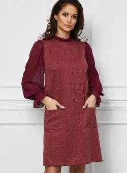 Rochie DY Fashion bordo din jerse cu maneci din voal