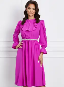 Rochie Dy Fashion fucsia cu volanas la bust si perle in talie