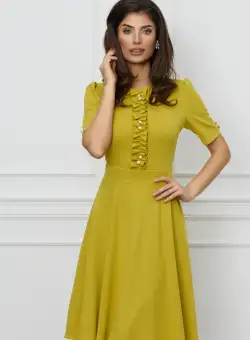 Rochie Dy Fashion galben mustar cu volanase pe bust