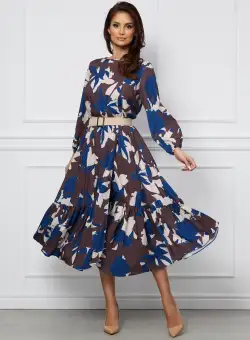 Rochie Dy Fashion gri cu imprimeuri albastre si curea in talie