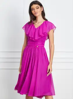Rochie Dy Fashion magenta din voal cu volanas la bust
