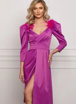 Rochie Dy Fashion magenta eleganta cu pene la umeri