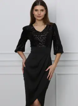 Rochie Dy Fashion neagra cu paiete la bust si fusta din satin