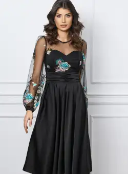 Rochie Dy Fashion neagra din satin cu dantela la bust