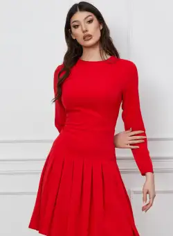 Rochie Dy Fashion rosie cu pliuri pe fusta si funda pe umar