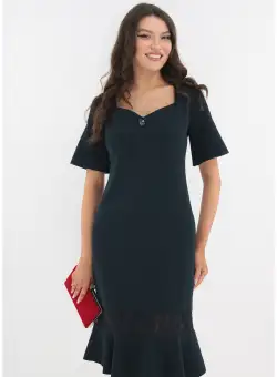 Rochie eleganta bleumarin cu dantela si volanas la tiv