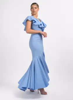 Rochie eleganta cu volane bleu mulata pe corp