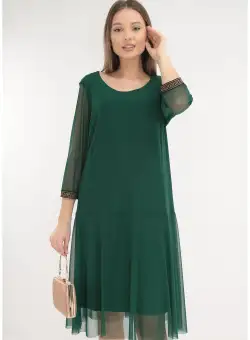 Rochie eleganta din tulle verde cu insertii aurii la mansete