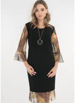 Rochie eleganta neagra cu maneci si volan din tulle olive