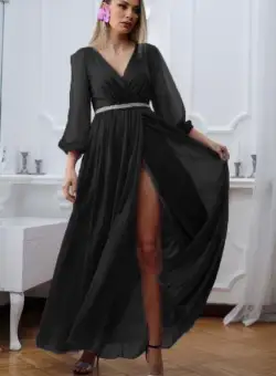 Rochie eleganta neagra cu slit pe picior si maneci sparte