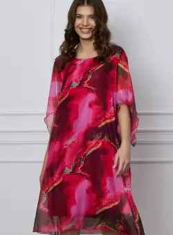 Rochie Elina fucsia din voal cu imprimeu bordo