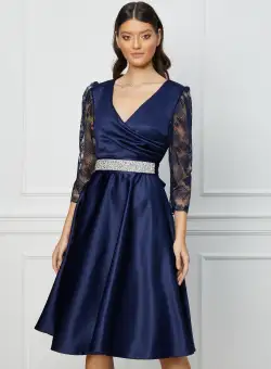 Rochie Ella Collection Adria bleumarin cu dantela florala si cordon in talie