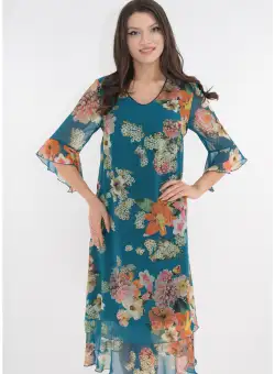 Rochie evazata din voal albastru cu print floral maxi